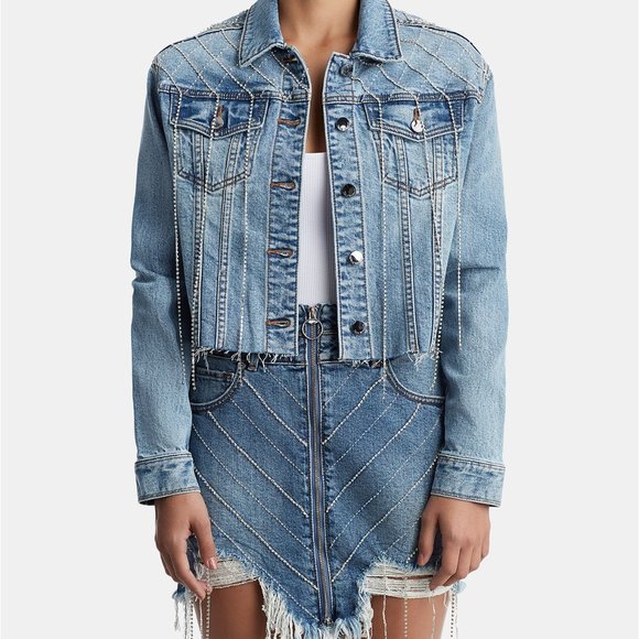 Distressed Jean Jacket with Rhinestone Fringe - Picture 5 of 9